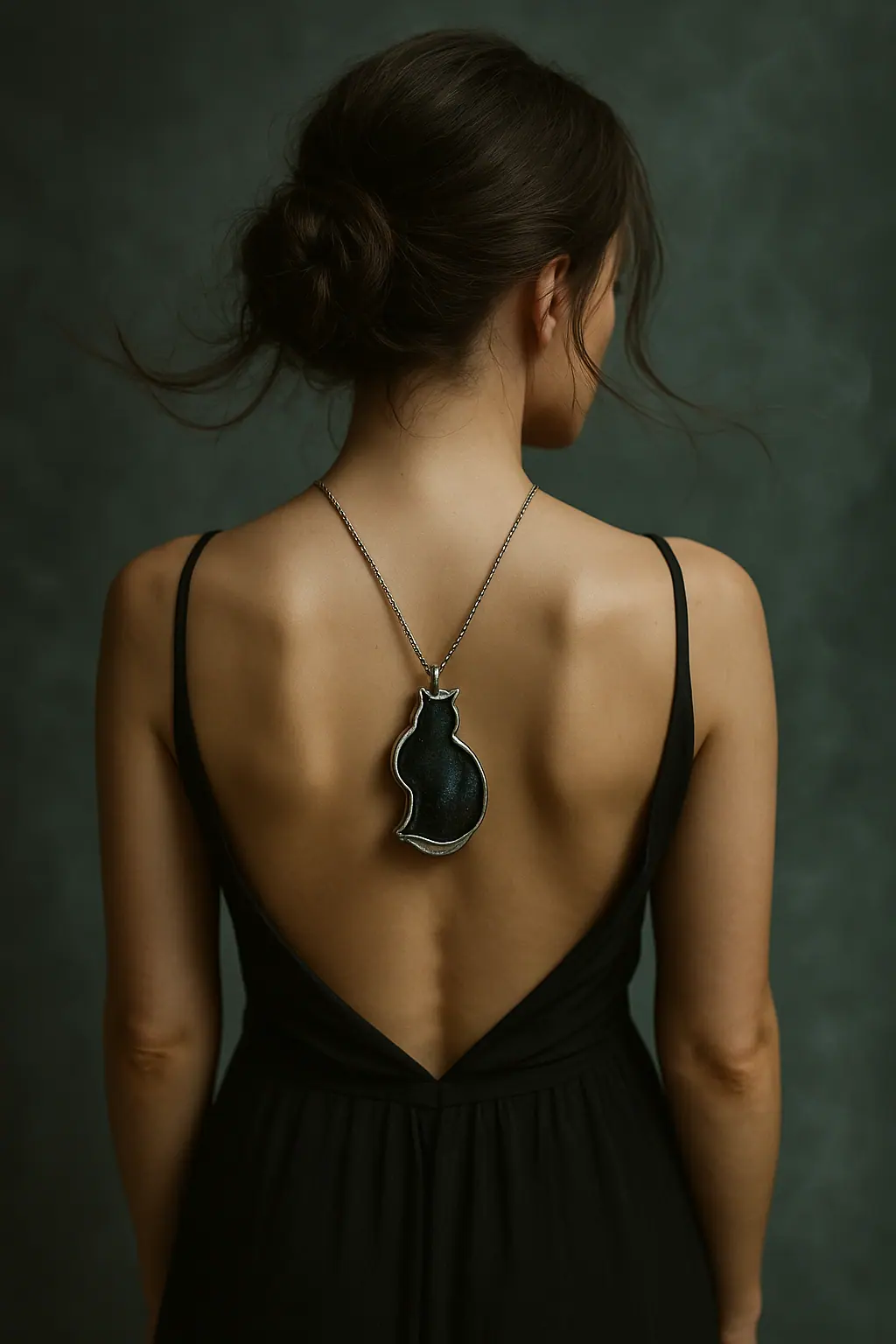Editorial portrait with cat-shaped necklace