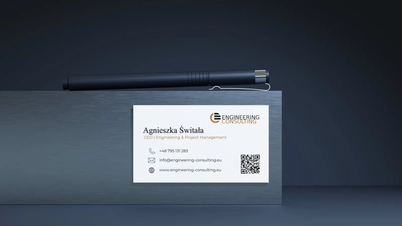 Engineering Consulting, wizytówka z identyfikacją i kodem QR