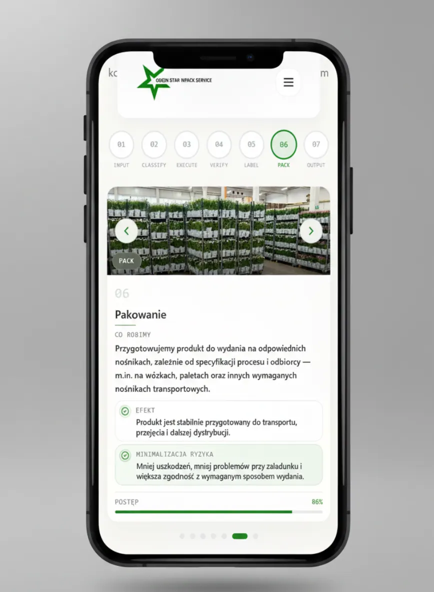 Green Star, mobilny widok etapu pakowania w procesie przygotowania produktu